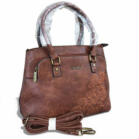 Cotton Road Handbag: BROWN PU Leather Bag with EMBROIDERY