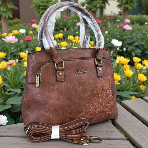 Cotton Road Handbag: BROWN PU Leather Bag with EMBROIDERY
