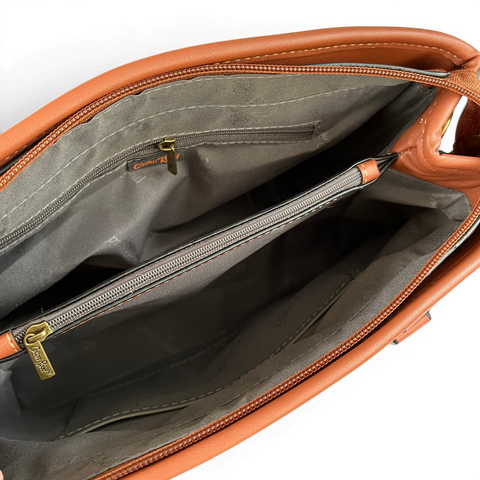 Cotton Road Handbag: BROWN PU Leather Bag with Zip Divider and Matching Wallet