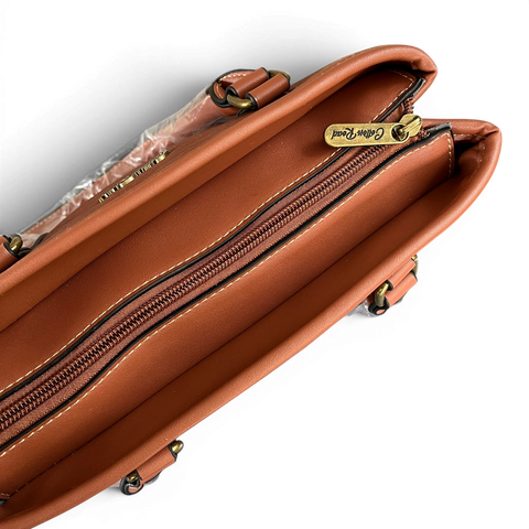 Cotton Road Handbag: BROWN PU Leather Bag with Zip Divider and Matching Wallet