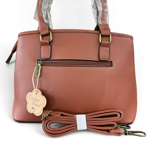 Cotton Road Handbag: BROWN PU Leather Bag with Zip Divider and Matching Wallet