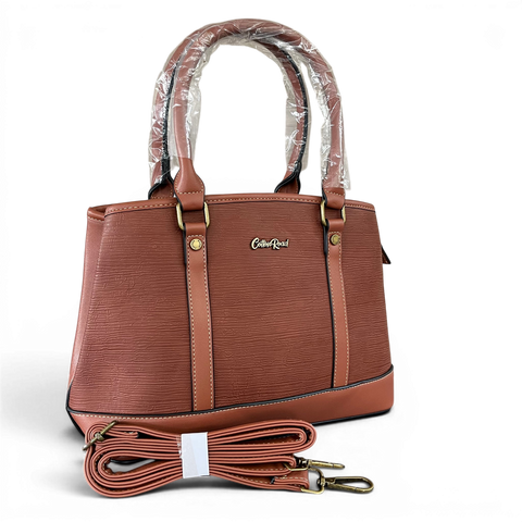 Cotton Road Handbag: BROWN PU Leather Bag with Zip Divider