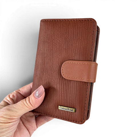 Cotton Road Handbag: BROWN PU Leather Bag with Zip Divider and Matching Wallet