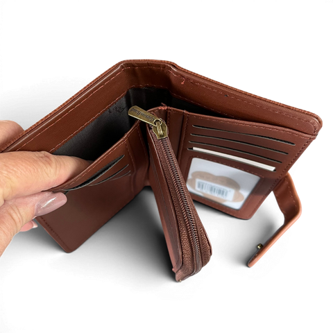 Cotton Road Handbag: BROWN PU Leather Bag with Zip Divider and Matching Wallet
