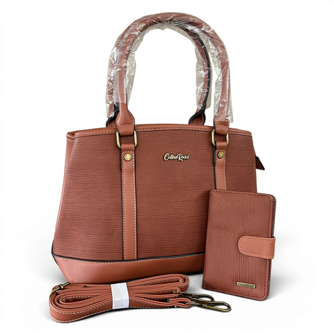 Cotton Road Handbag: BROWN PU Leather Bag with Zip Divider and Matching Wallet