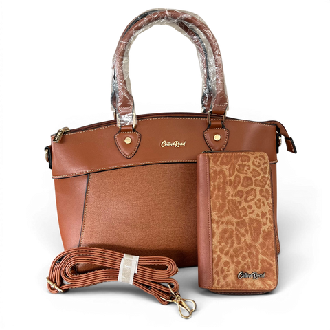 Cotton Road Handbag: BROWN PU Leather Bag with Zip Divider and Matching Wallet