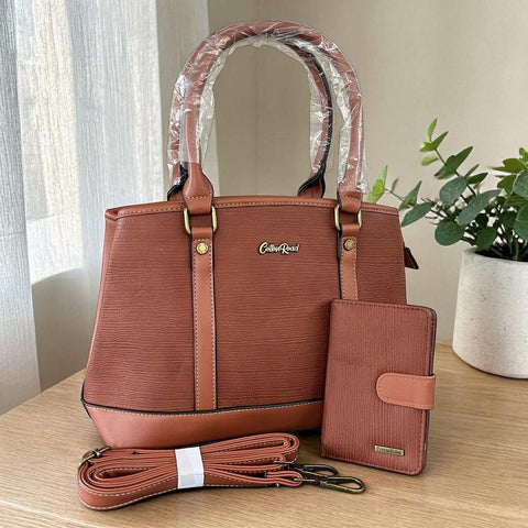 Cotton Road Handbag: BROWN PU Leather Bag with Zip Divider and Matching Wallet