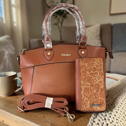Cotton Road Handbag: BROWN PU Leather Bag with Zip Divider and Matching Wallet