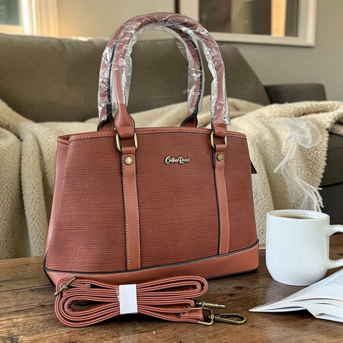 Cotton Road Handbag: BROWN PU Leather Bag with Zip Divider