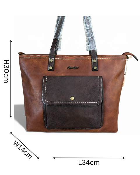 Cotton Road Handbag: BROWN PU Leather Handbag with Clip Pocket