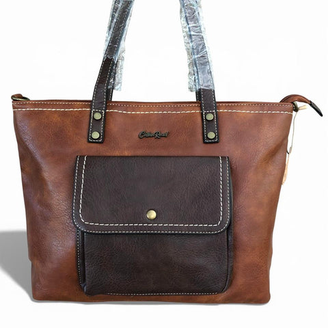 Cotton Road Handbag: BROWN PU Leather Handbag with Clip Pocket