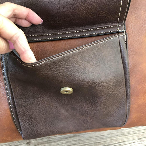 Cotton Road Handbag: BROWN PU Leather Handbag with Clip Pocket