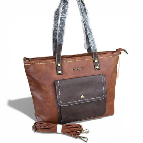 Cotton Road Handbag: BROWN PU Leather Handbag with Clip Pocket