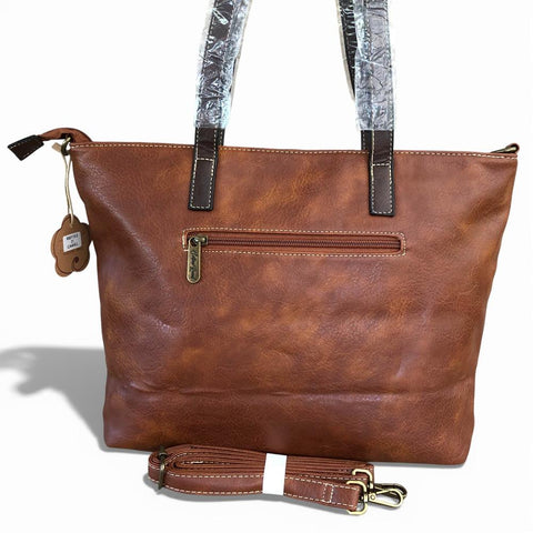 Cotton Road Handbag: BROWN PU Leather Handbag with Clip Pocket