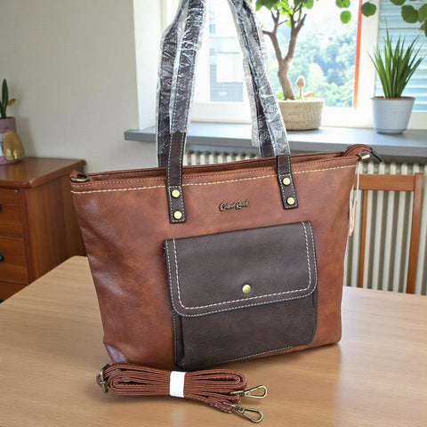 Cotton Road Handbag: BROWN PU Leather Handbag with Clip Pocket