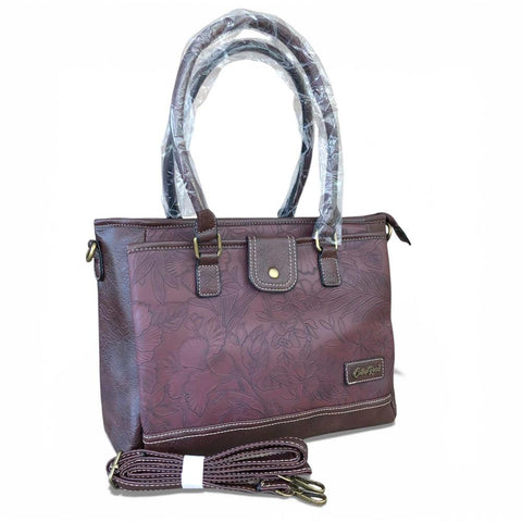 Cotton Road Handbag: BROWN PU Leather Handbag with EMBOSSED FLOWERS
