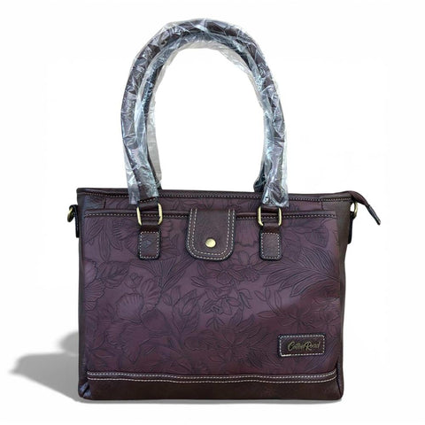 Cotton Road Handbag: BROWN PU Leather Handbag with EMBOSSED FLOWERS