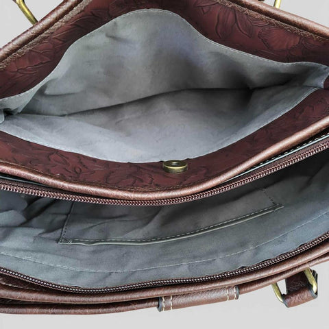 Cotton Road Handbag: BROWN PU Leather Handbag with EMBOSSED FLOWERS