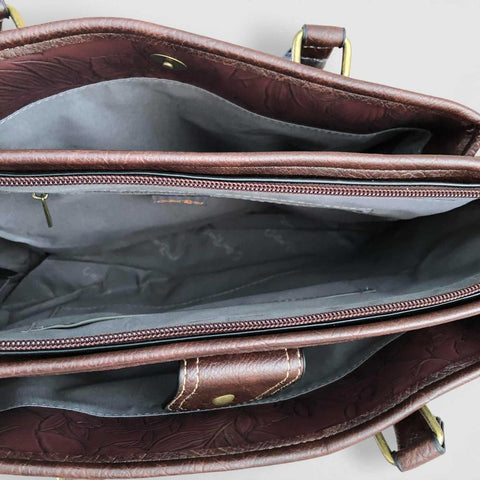 Cotton Road Handbag: BROWN PU Leather Handbag with EMBOSSED FLOWERS