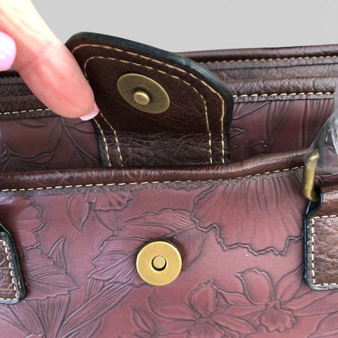 Cotton Road Handbag: BROWN PU Leather Handbag with EMBOSSED FLOWERS