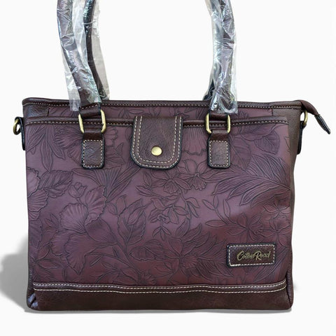 Cotton Road Handbag: BROWN PU Leather Handbag with EMBOSSED FLOWERS