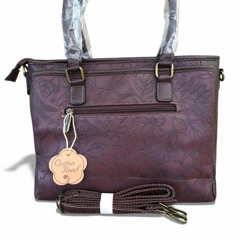 Cotton Road Handbag: BROWN PU Leather Handbag with EMBOSSED FLOWERS