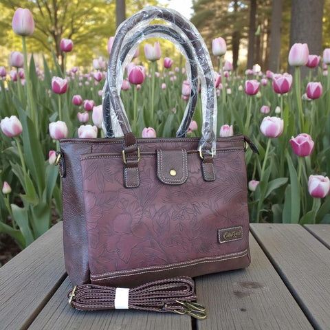 Cotton Road Handbag: BROWN PU Leather Handbag with EMBOSSED FLOWERS