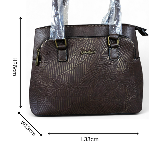 Cotton Road Handbag: BROWN PU Leather Handbag with EMBOSSED Panel