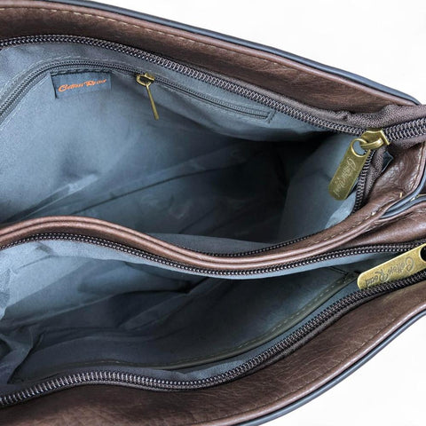 Cotton Road Handbag: BROWN PU Leather Handbag with EMBOSSED Panel