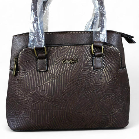 Cotton Road Handbag: BROWN PU Leather Handbag with EMBOSSED Panel