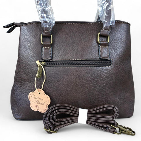 Cotton Road Handbag: BROWN PU Leather Handbag with EMBOSSED Panel
