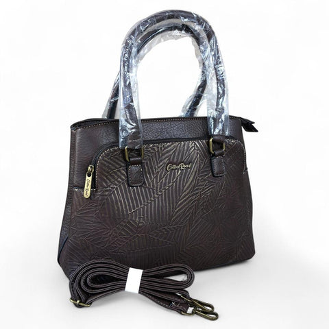Cotton Road Handbag: BROWN PU Leather Handbag with EMBOSSED Panel