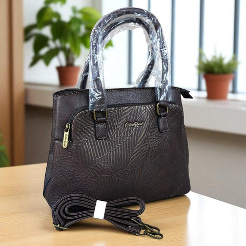 Cotton Road Handbag: BROWN PU Leather Handbag with EMBOSSED Panel
