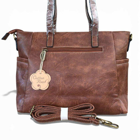 Cotton Road Handbag: BROWN PU Leather Handbag with EMBROIDERY Design