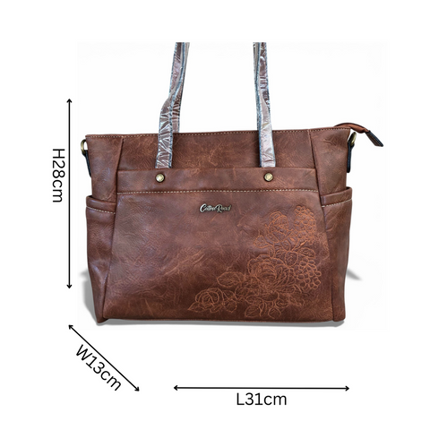 Cotton Road Handbag: BROWN PU Leather Handbag with EMBROIDERY Design