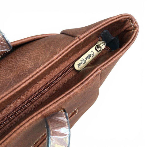 Cotton Road Handbag: BROWN PU Leather Handbag with EMBROIDERY Design