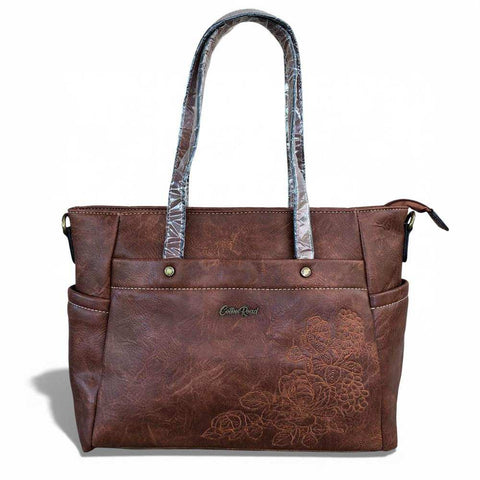 Cotton Road Handbag: BROWN PU Leather Handbag with EMBROIDERY Design