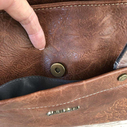 Cotton Road Handbag: BROWN PU Leather Handbag with EMBROIDERY Design