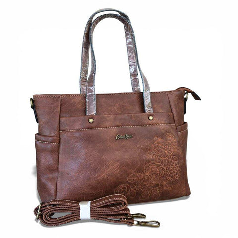 Cotton Road Handbag: BROWN PU Leather Handbag with EMBROIDERY Design