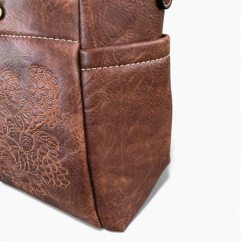 Cotton Road Handbag: BROWN PU Leather Handbag with EMBROIDERY Design