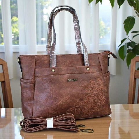 Cotton Road Handbag: BROWN PU Leather Handbag with EMBROIDERY Design