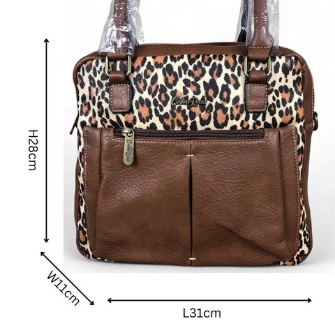 Cotton Road Handbag: BROWN PU Leather Handbag with LEOPARD PRINT