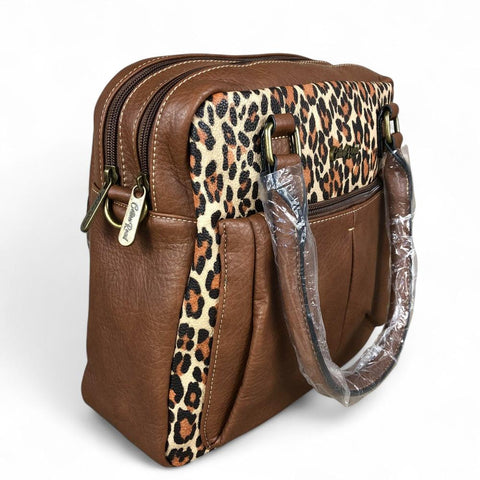 Cotton Road Handbag: BROWN PU Leather Handbag with LEOPARD PRINT