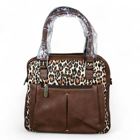 Cotton Road Handbag: BROWN PU Leather Handbag with LEOPARD PRINT