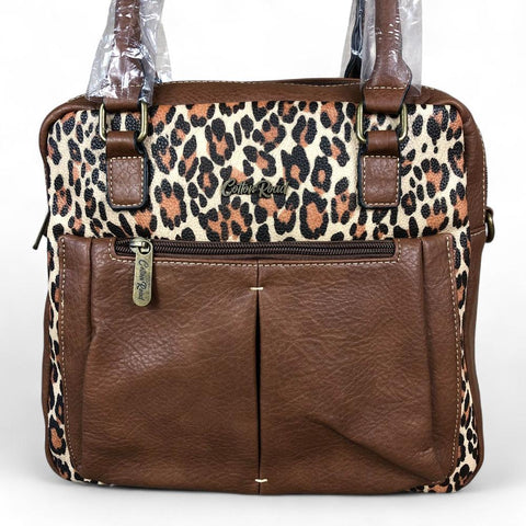 Cotton Road Handbag: BROWN PU Leather Handbag with LEOPARD PRINT