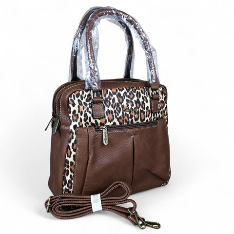 Cotton Road Handbag: BROWN PU Leather Handbag with LEOPARD PRINT