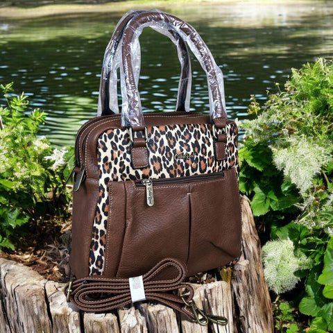 Cotton Road Handbag: BROWN PU Leather Handbag with LEOPARD PRINT