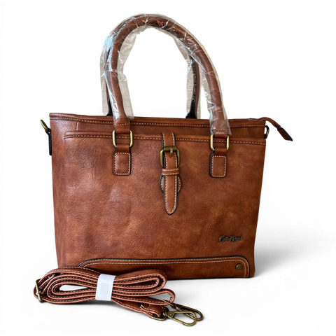 Cotton Road Handbag: BROWN PU Leather Handbag with Strap Detail for Women