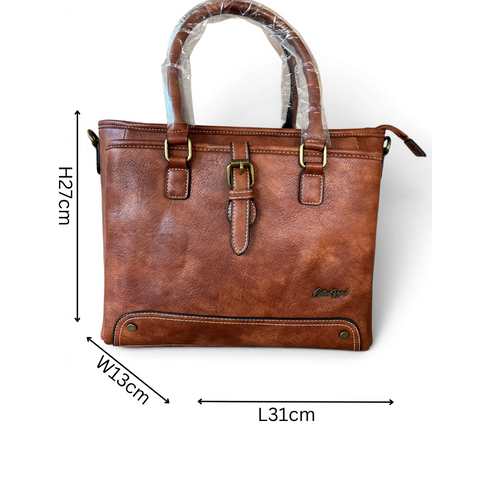 Cotton Road Handbag: BROWN PU Leather Handbag with Strap Detail for Women