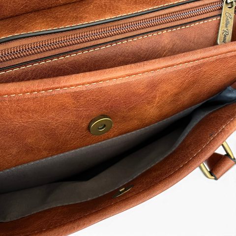 Cotton Road Handbag: BROWN PU Leather Handbag with Strap Detail for Women